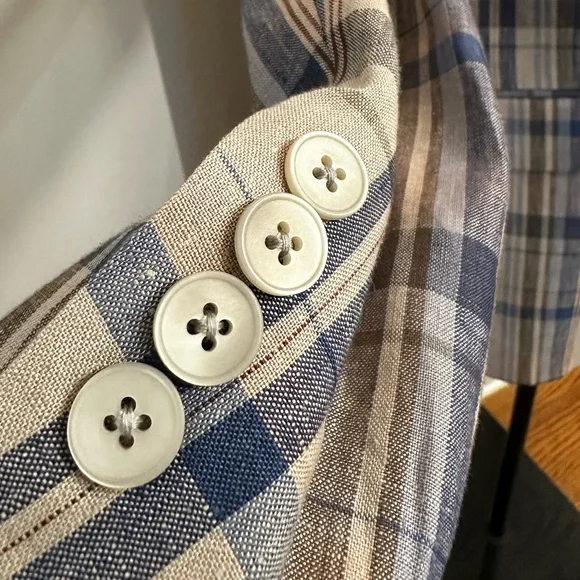 LAUREN Ralph Lauren Lassiter 100% Linen Blue, Brown and Tan Plaid Blazer, 46R - Picture 2 of 11